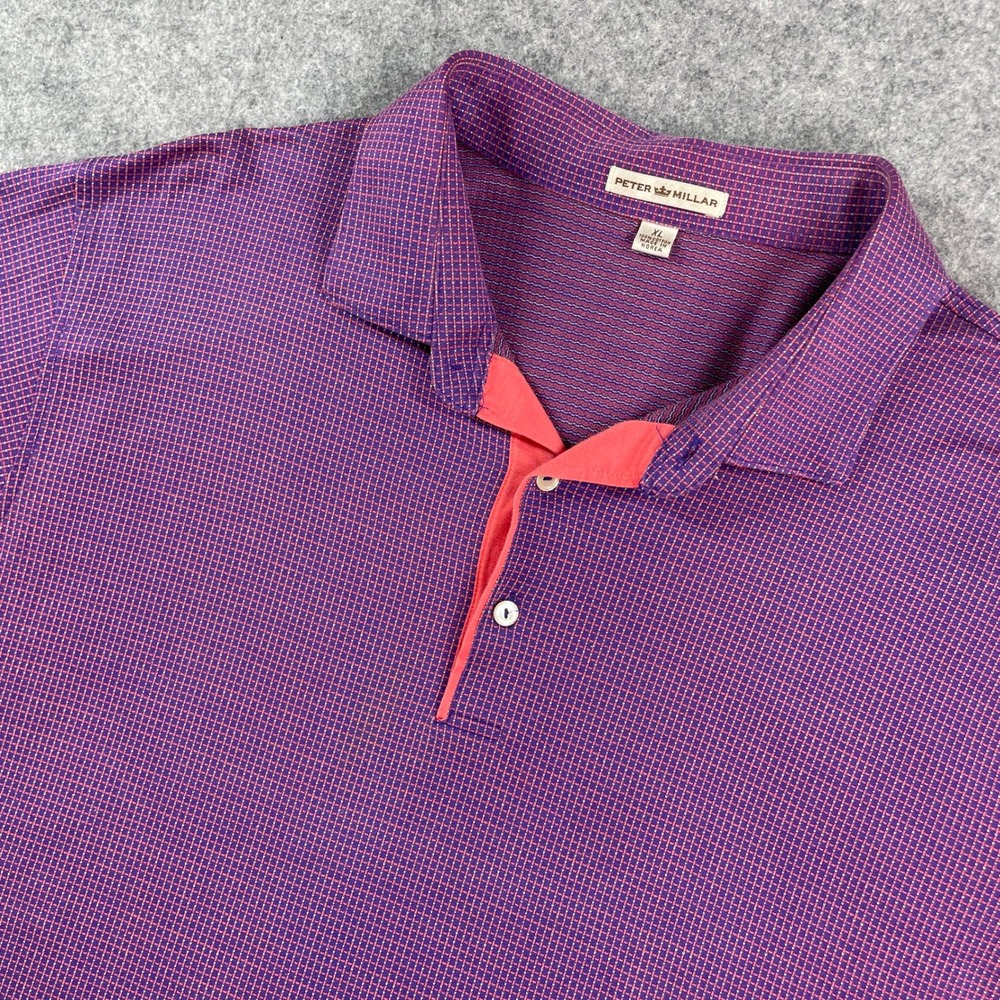 Peter Millar Mens Polo Shirt XL Purple Checkered Short Sleeve Classic Fit